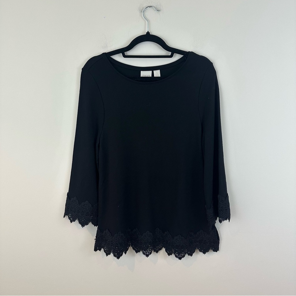 Chicos Size 1 (Size Medium) Petite Black 3/4 Sleeve Lace Trim Ponte Top
